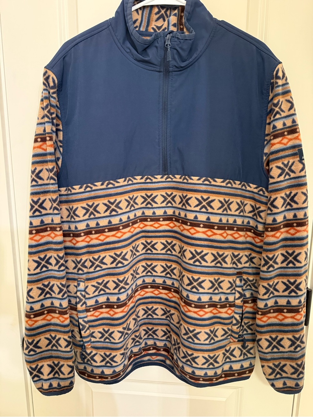 Men's Ascend brand Navy and Beige Patterned Half-Zip Fleece Pullover
